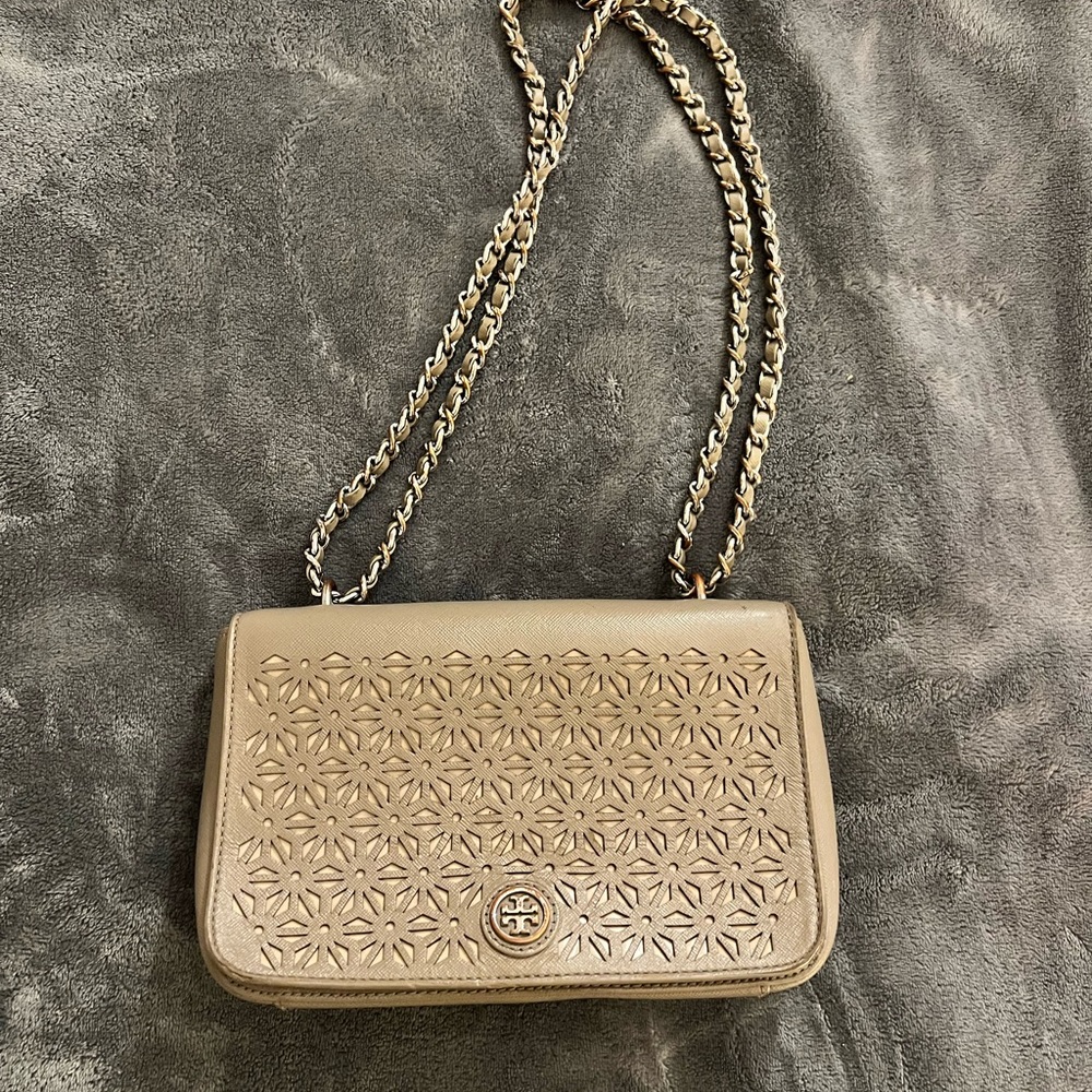 Tory Burch Beige Laser-Cut Leather Crossbody with Chain Strap